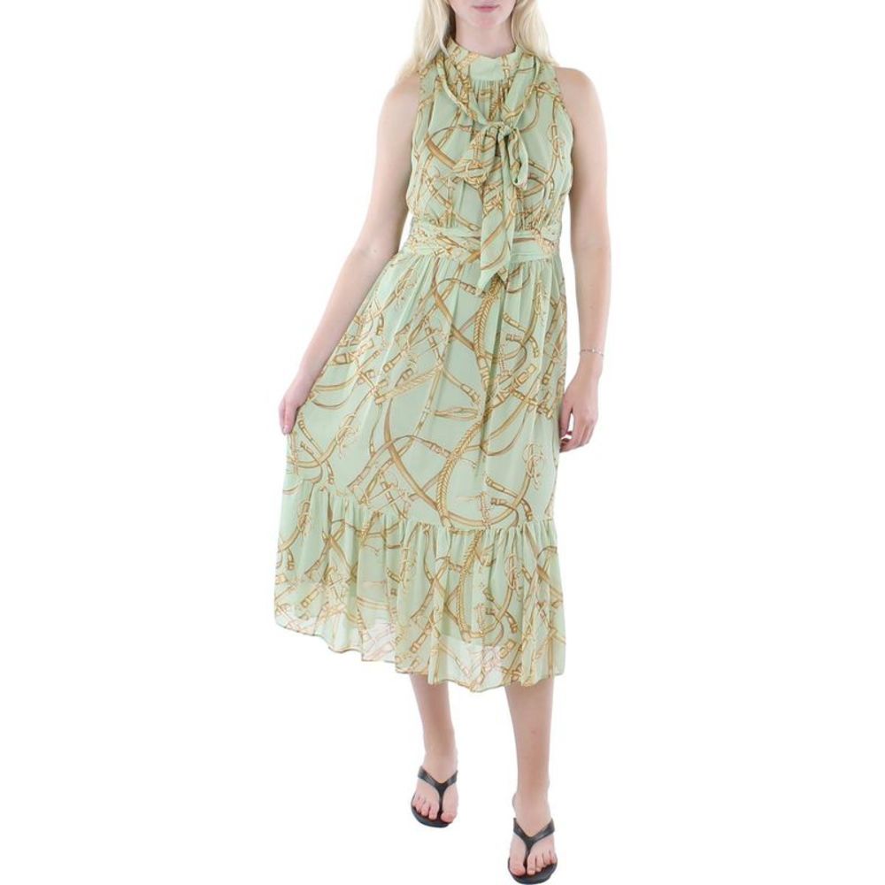 Lauren Ralph Lauren Womens Green Georgette Printed Tie Neck Midi Dress